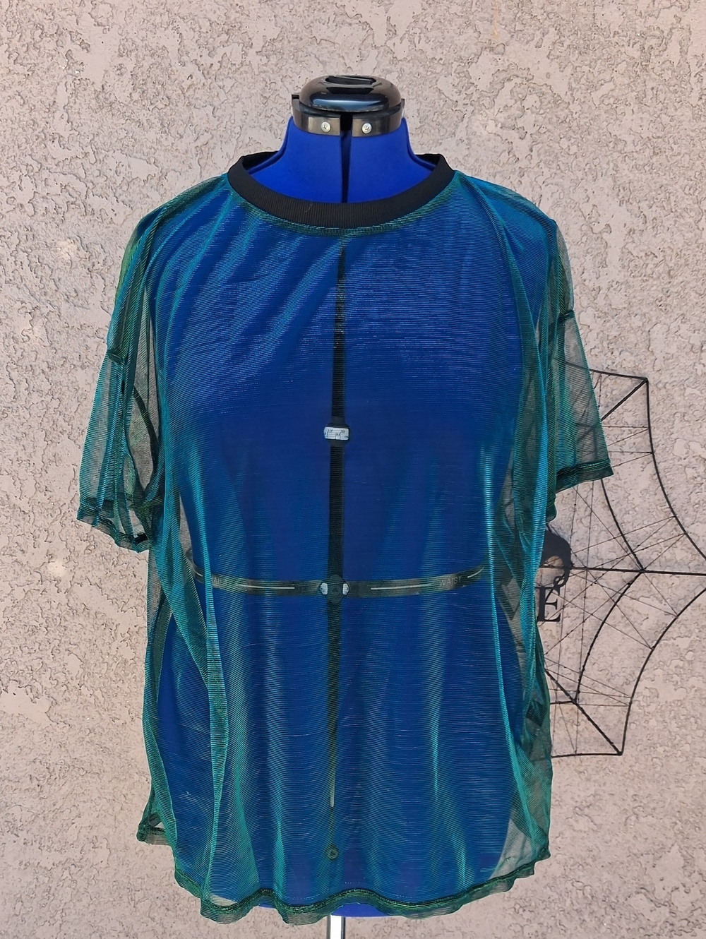 SHEIN Blue and Green Sheer Mesh Short Sleeve Tee
